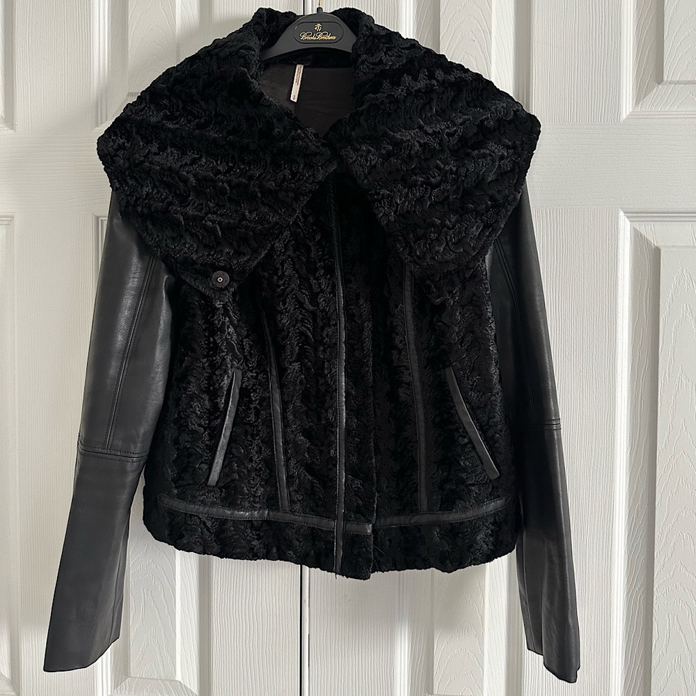 Free People Faux Shearling Faux Leather Trim Cropped Jacket